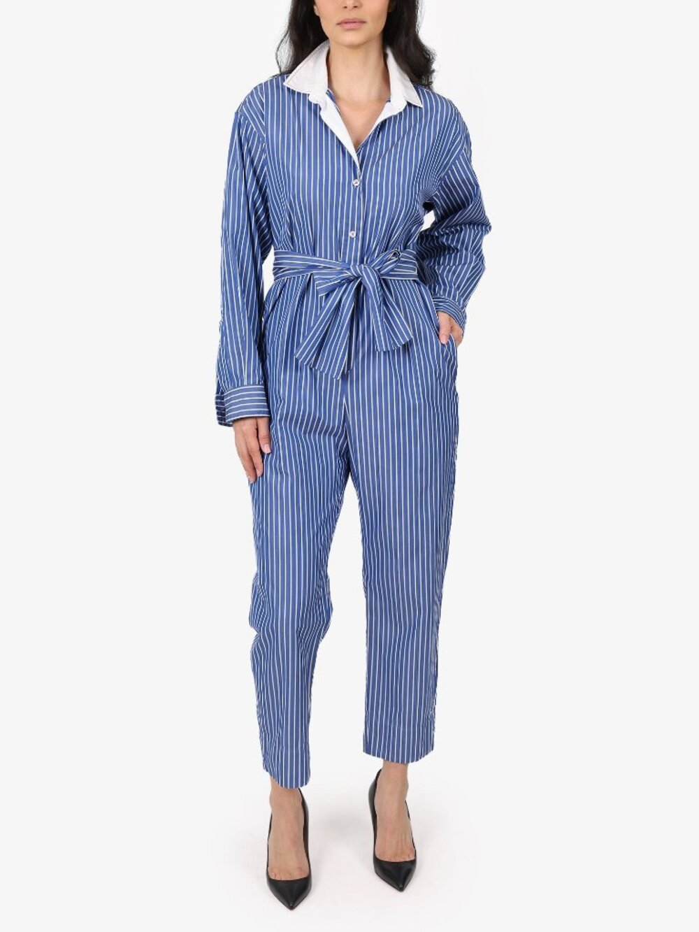 Sandro Paris blue/white striped button up jumpsuit in women's size 40